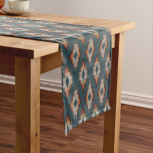 Trendy Teal Blue Orange Dark Brown Grey Tribal Art Medium Table Runner