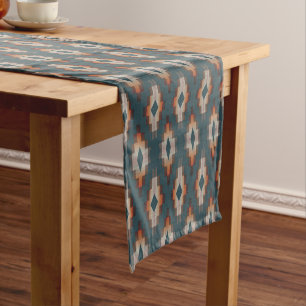 Trendy Teal Blue Orange Dark Brown Grey Tribal Art Short Table Runner
