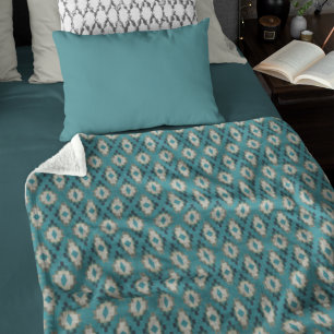 Trendy Teal Blue Taupe Brown Beige Grey Tribal Art Fleece Blanket