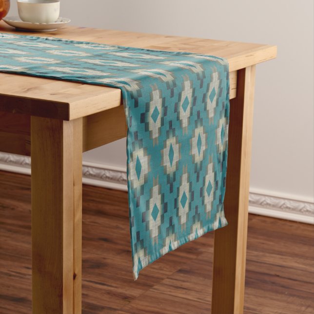 Trendy Teal Blue Taupe Brown Beige Grey Tribal Art Medium Table Runner (In Situ)