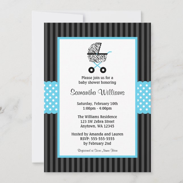 Trendy Teal Blue Zebra Carriage Baby Shower Invitation (Front)