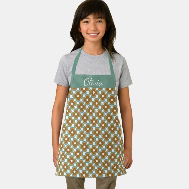Trendy Teal Caramel Retro Groovy Flowers Seamless Apron (Insitu)