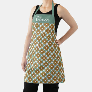 Trendy Teal Caramel Retro Groovy Flowers Seamless Apron