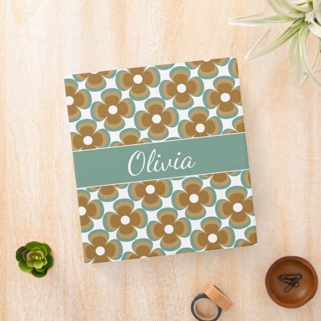 Trendy Teal Caramel Retro Groovy Flowers Seamless Binder (In Situ)