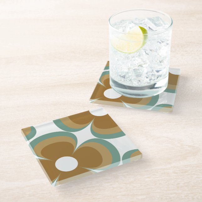 Trendy Teal Caramel Retro Groovy Flowers Seamless Glass Coaster (Angled)