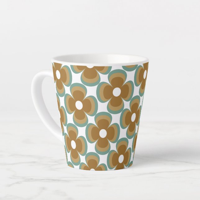 Trendy Teal Caramel Retro Groovy Flowers Seamless  Latte Mug (Left Angle)