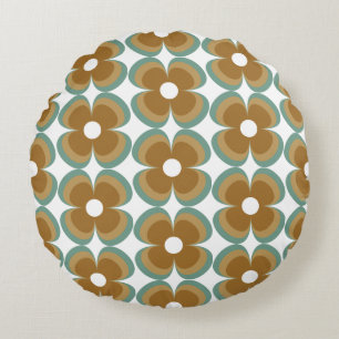 Trendy Teal Caramel Retro Groovy Flowers Seamless Round Pillow