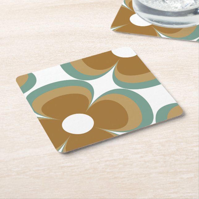 Trendy Teal Caramel Retro Groovy Flowers Seamless Square Paper Coaster (Angled)