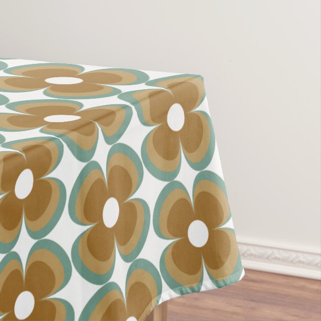 Trendy Teal Caramel Retro Groovy Flowers Seamless Tablecloth (In Situ)
