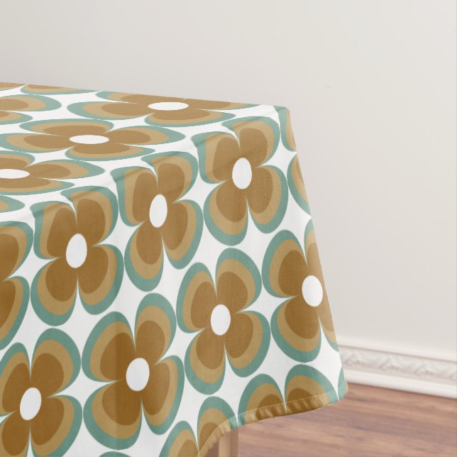 Trendy Teal Caramel Retro Groovy Flowers Seamless Tablecloth (In Situ)