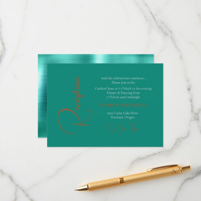 Trendy Teal & Copper Wedding Reception Enclosure Card (Front/Back In Situ)