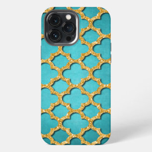 Trendy Teal Faux Shiny Gold Glitter Mosaic Art iPhone 13 Pro Max Case