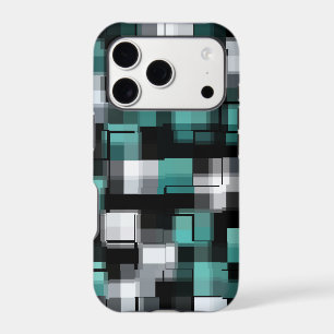 Trendy Teal Green Blue Black White Abstract Plaid