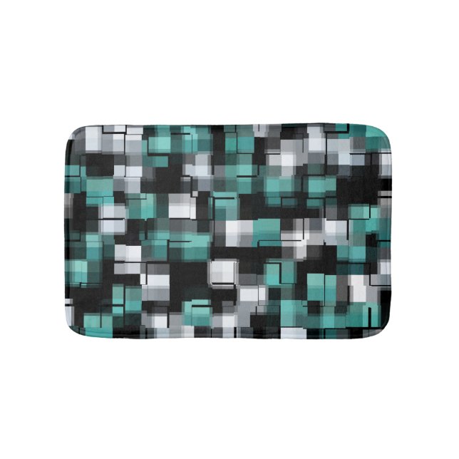 Trendy Teal Green Blue Black White Abstract Plaid Bath Mat (Front)