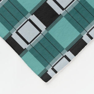 Trendy Teal Green Blue Black White Abstract Plaid Fleece Blanket