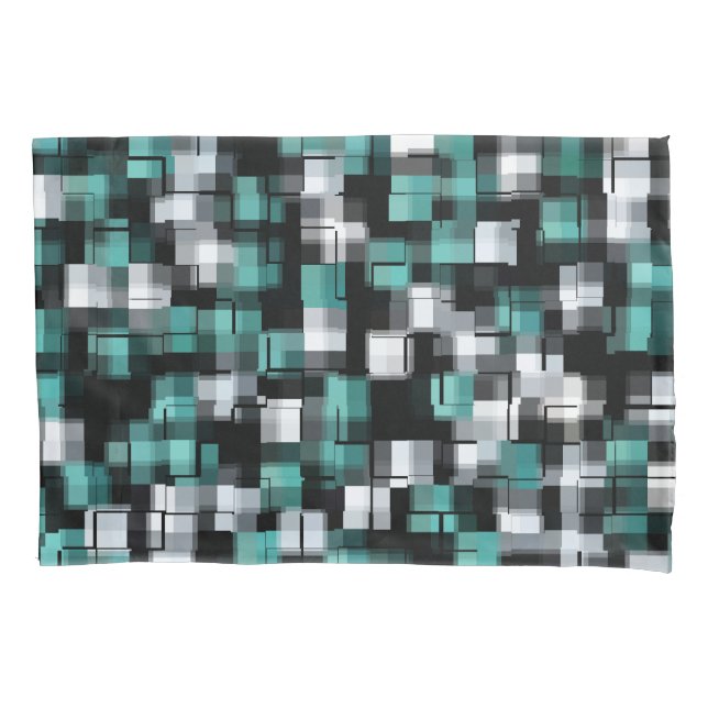 Trendy Teal Green Blue Black White Abstract Plaid Pillowcase (Front)