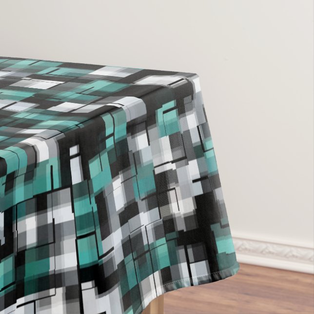 Trendy Teal Green Blue Black White Abstract Plaid Tablecloth (In Situ)