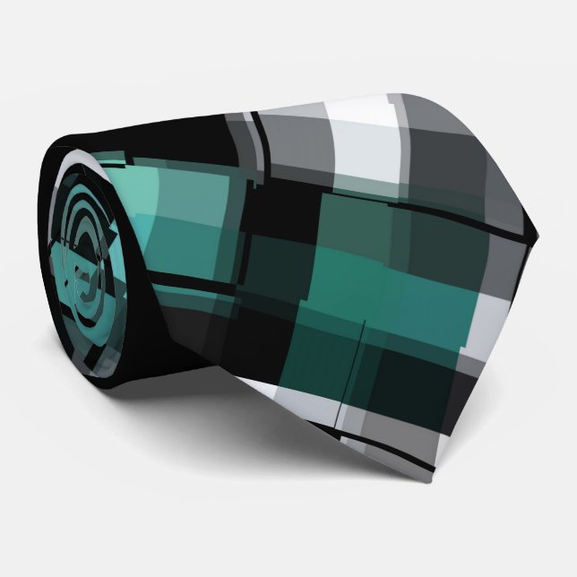 Trendy Teal Green Blue Black White Abstract Plaid Tie (Rolled)