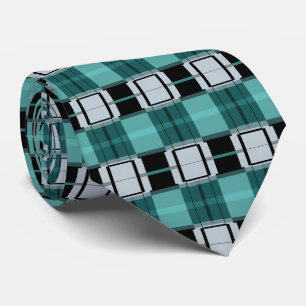 Trendy Teal Green Blue Black White Abstract Plaid Tie