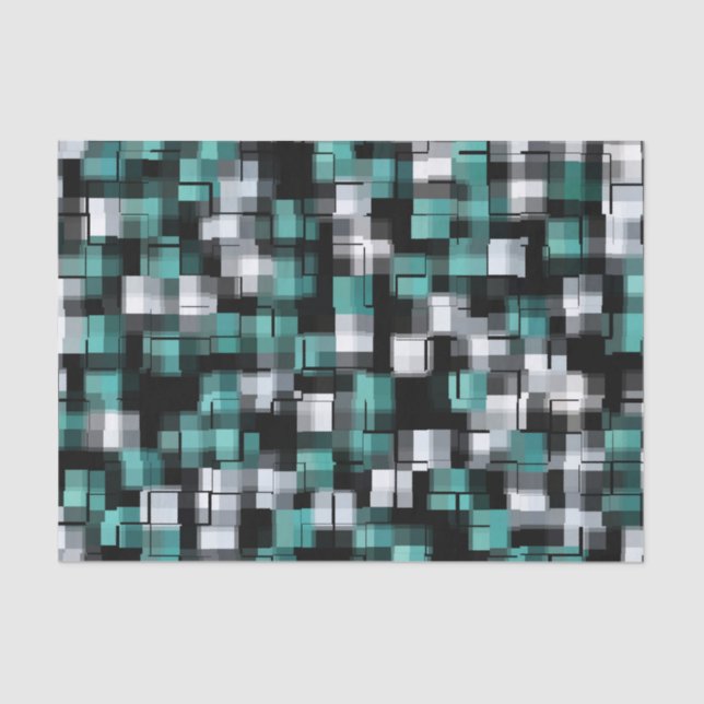 Trendy Teal Green Blue Black White Abstract Plaid Tissue Paper (Front)
