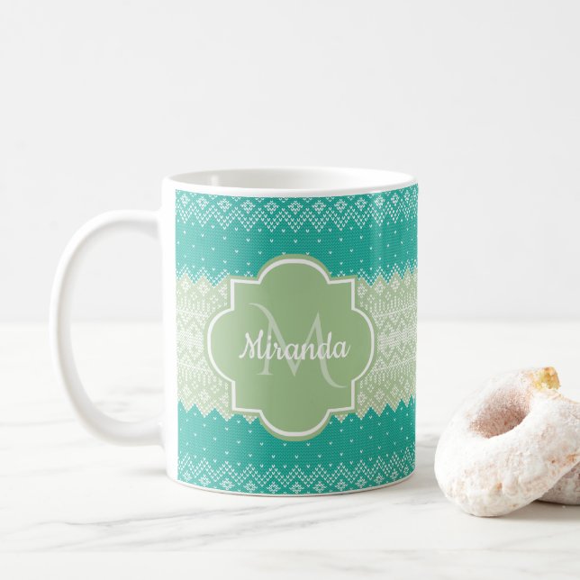 Trendy Teal Neo Mint Green Knit Pattern and Name Coffee Mug (With Donut)