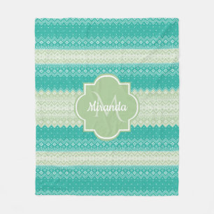 Trendy Teal Neo Mint Green Knit Pattern and Name Fleece Blanket