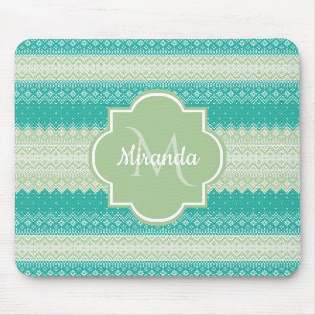 Trendy Teal Neo Mint Green Knit Pattern and Name Mouse Pad (Front)