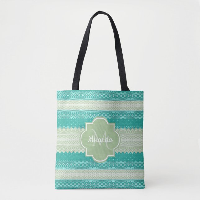 Trendy Teal Neo Mint Green Knit Pattern and Name Tote Bag (Front)
