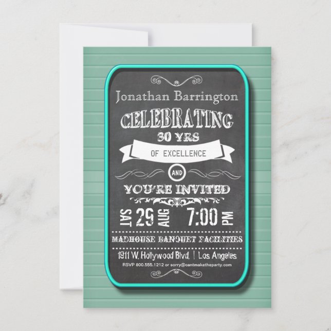 Trendy Teal Neon Chalkboard Birthday Party Invite (Front)