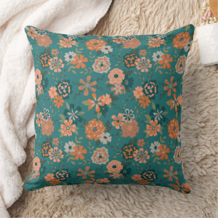 Trendy Teal Orange Flowers Throw Pillow