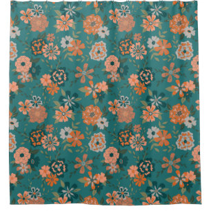 Trendy Teal Orange Pattern Vines Flowers
