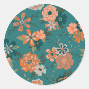 Trendy Teal Orange Patterned Vines And Flowers Classic Round Sticker