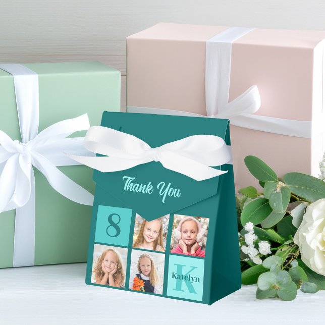 Trendy Teal Photo Collage Custom Birthday Party Favor Box (Creator Uploaded)