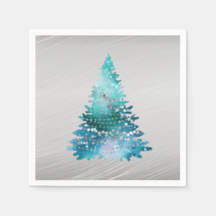 Trendy Teal Silver Glitter Tree Christmas Napkin