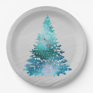 Trendy Teal Silver Glitter Tree Christmas Paper Plate