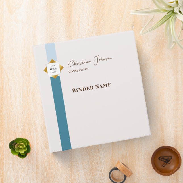 Trendy Teal Stripes Gold Logo Binder (In Situ)