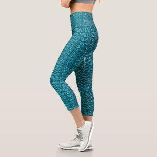 trendy teal turquoise aqua blue alligator print capri leggings