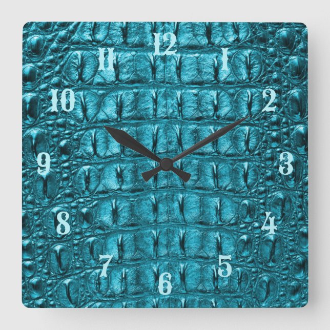 trendy teal turquoise aqua blue alligator print square wall clock (Front)