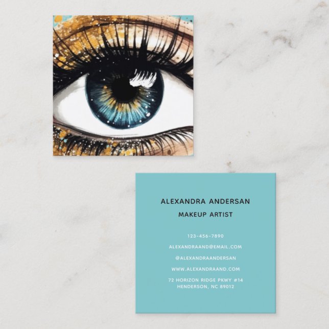 Trendy Teal Turquoise Gold Glitter Eyelash Makeup Square Business Card (Front/Back)