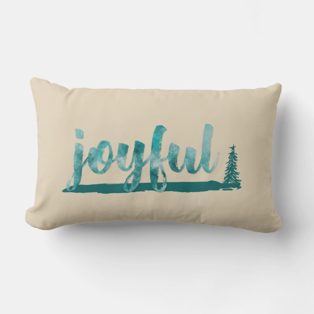 Trendy Teal Watercolor Joyful Brush Script Lumbar Pillow (Front)