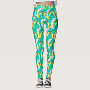 Trendy Teal White Overlapping Flip Flops Pattern Leggings