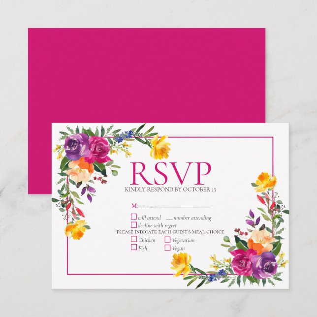 Trendy Technicolor Boho Floral Wedding RSVP Card (Front/Back)