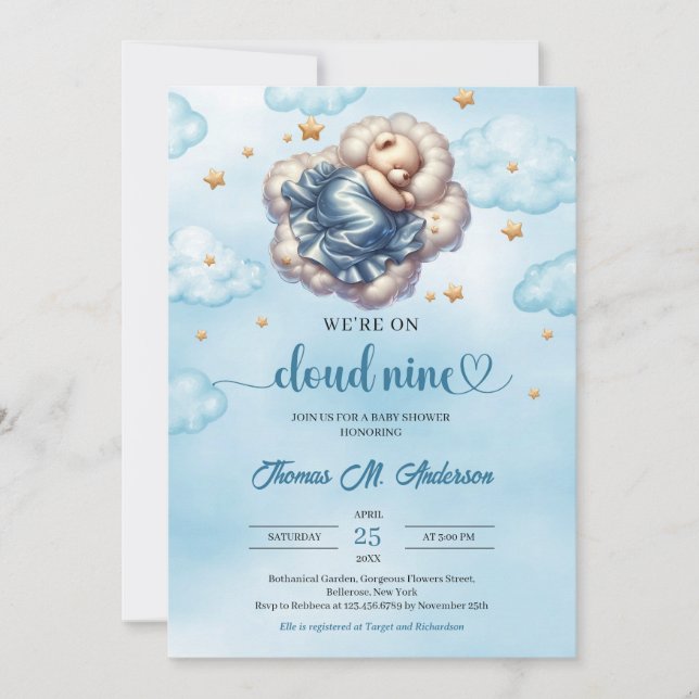Trendy teddy bear cloud nine Boy Baby Shower Invitation (Front)