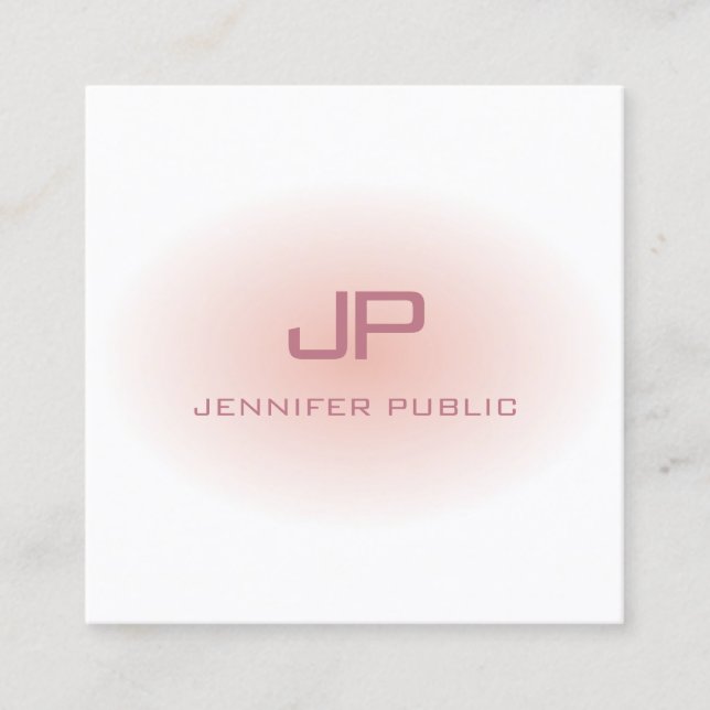 Trendy Template Blush Pink White Modern Monogram Square Business Card (Front)