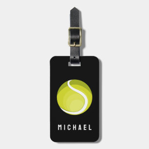 Trendy Tennis Racquet and Ball Personalized Black Luggage Tag