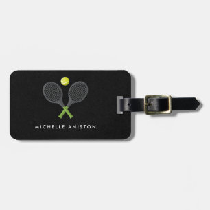 Trendy Tennis Racquet and Ball Personalized Black Luggage Tag