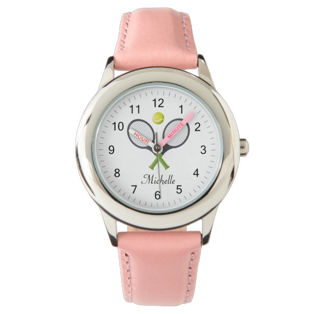 Trendy Tennis Racquet and Ball Personalized Kids  Watch (Front)