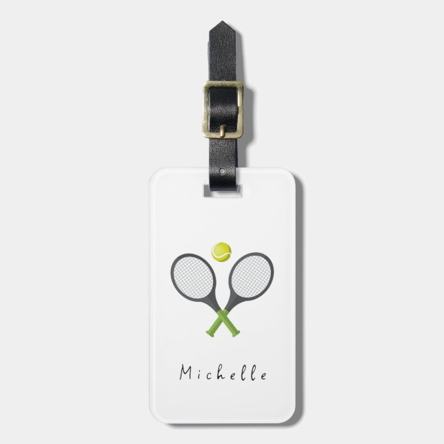 Trendy Tennis Racquet and Ball Personalized   Luggage Tag (Front Vertical)
