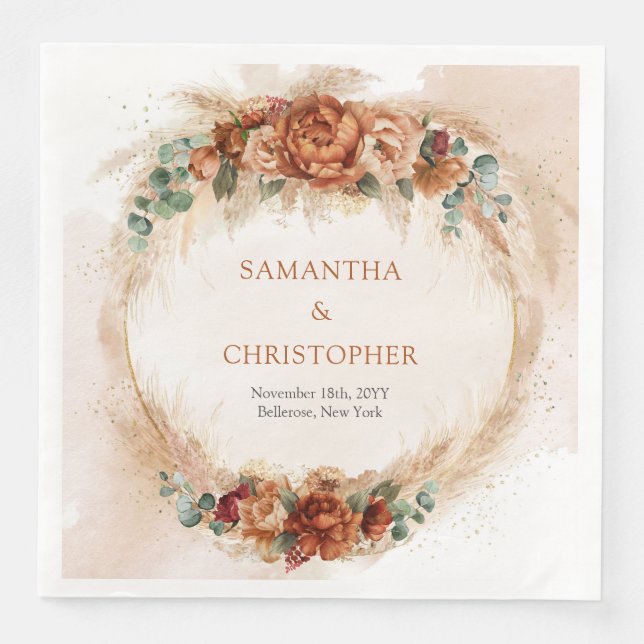 Trendy Terracotta burgundy flowers greenery pampas Napkin (Front)