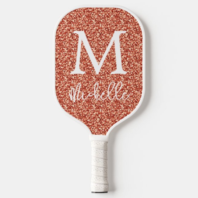 Trendy Terracotta Glitter Monogram Initial Name Pickleball Paddle (Front)
